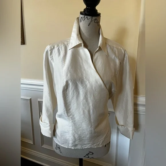 Ivory, 3/4 sleeves Silk Wrap Blouse. - Picture 5 of 11